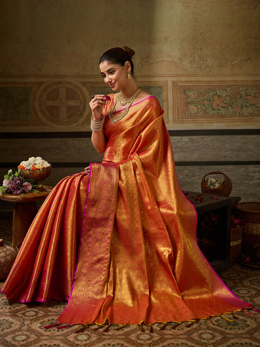 Chandrika Silk Ready To Wear Pocket Saree | Orange