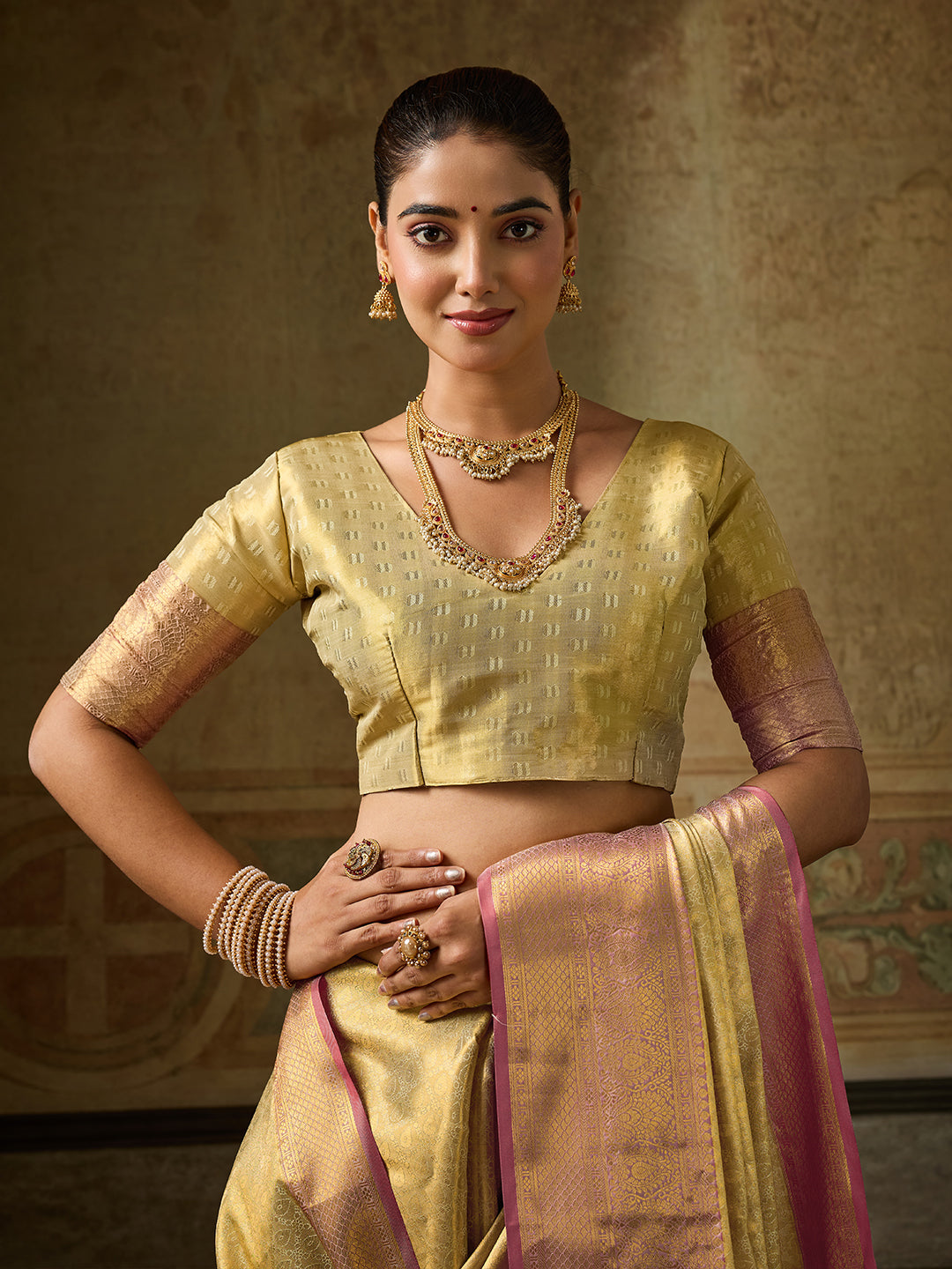Chandrika Silk Ready To Wear Pocket Saree | Champagne Gold