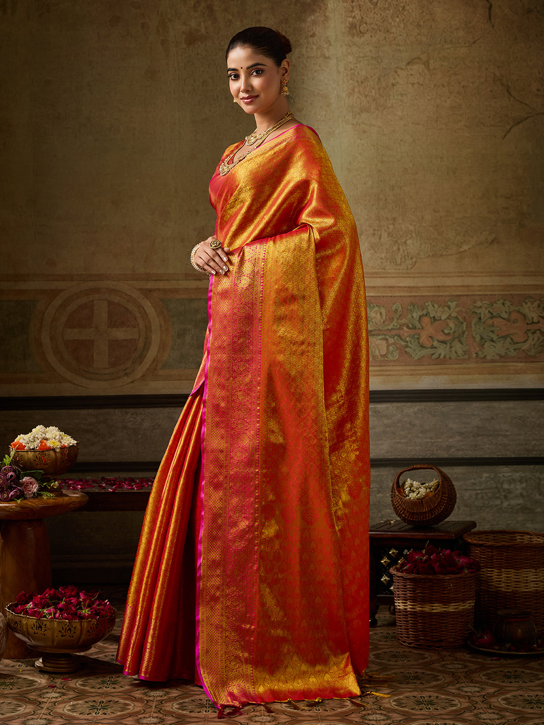 Chandrika Silk Ready To Wear Pocket Saree | Orange