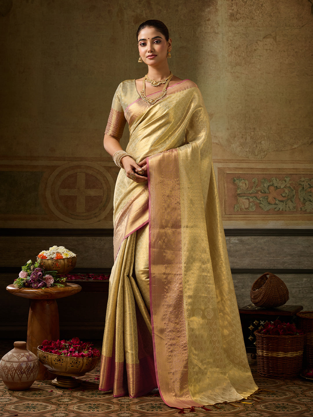 Chandrika Silk Ready To Wear Pocket Saree | Champagne Gold