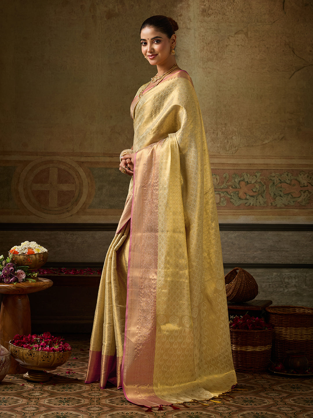 Chandrika Silk Ready To Wear Pocket Saree | Champagne Gold