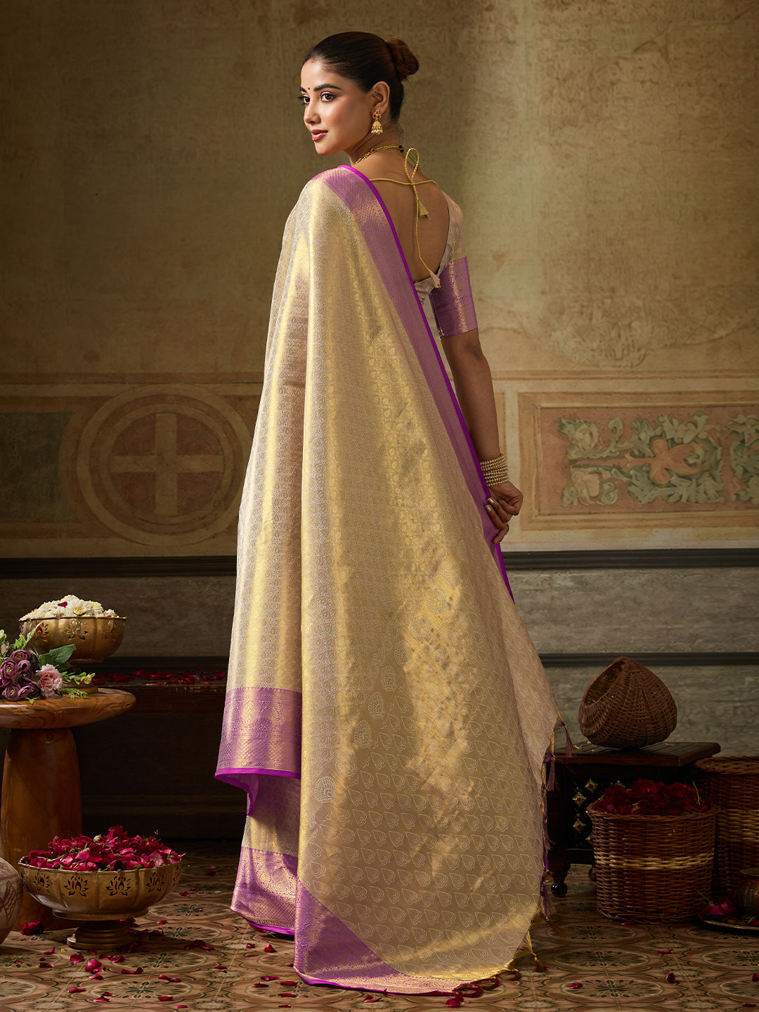 Chandrika Silk Ready To Wear Pocket Saree | Cream