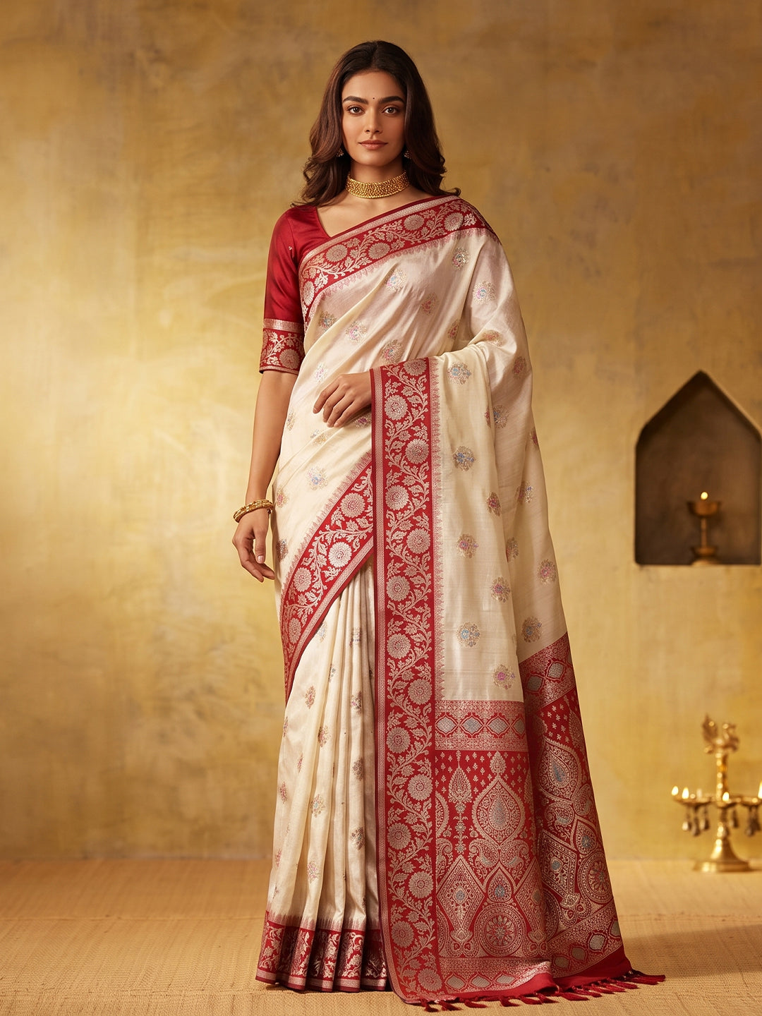 Silk Majesty Ready To Wear Pocket Saree | Cream