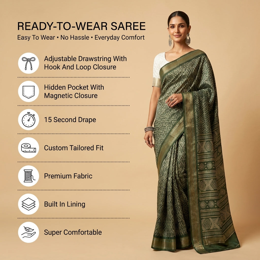 Mulmul Cotton (Green) Bandhani Printed Ready To Wear Pocket Saree