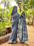 Dazzling Indigo Mul Cotton Hand Block Printed Saree