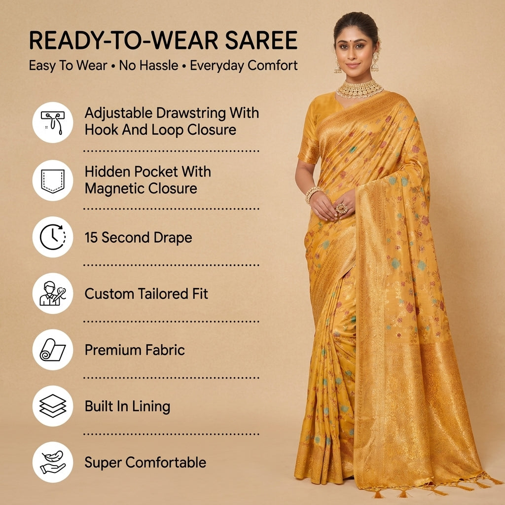 Eternal Flora Banarasi Silk (Yellow) Ready To Wear Pocket Saree
