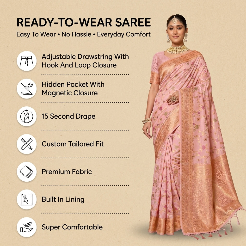Eternal Flora Banarasi Silk (Pink) Ready To Wear Pocket Saree