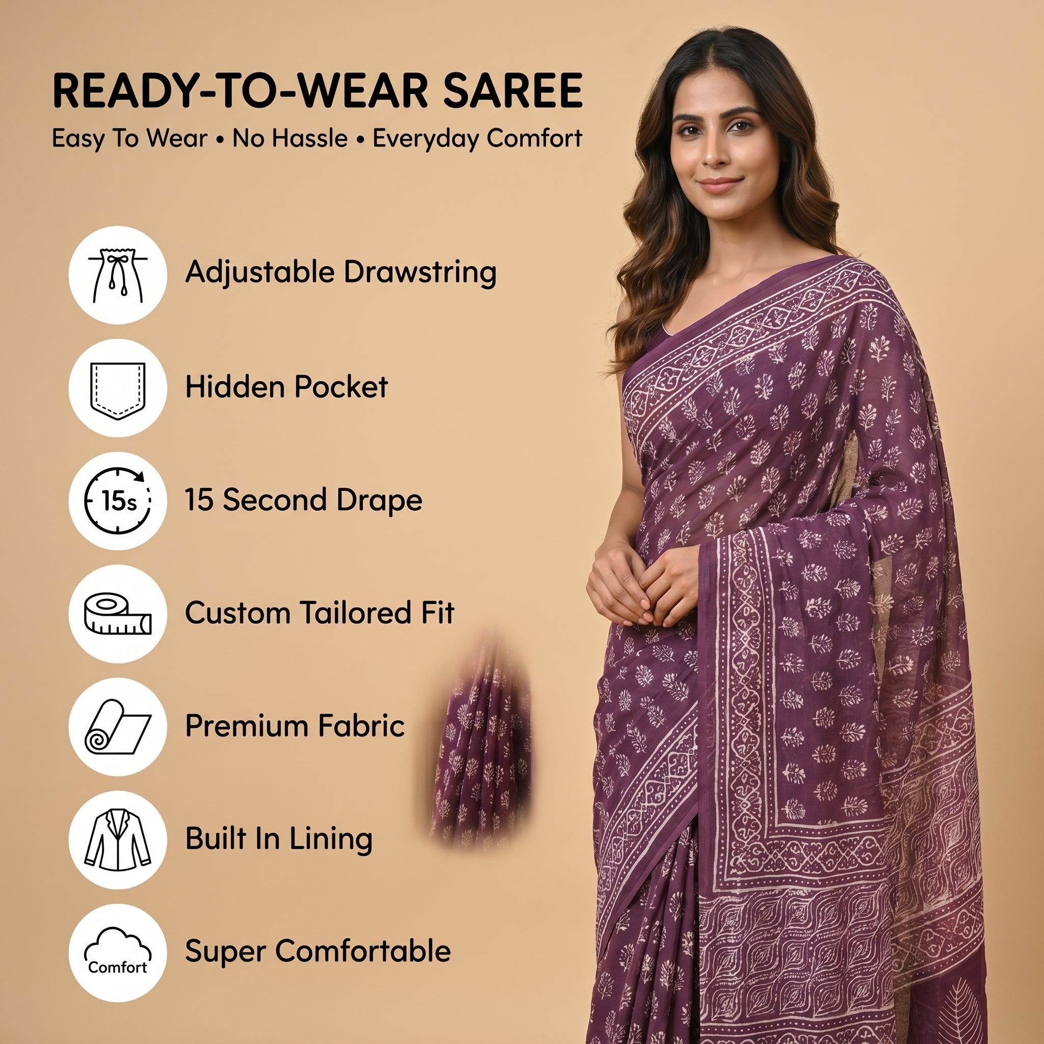 Terrapetals Mul Cotton Ready To Wear Pocket Saree