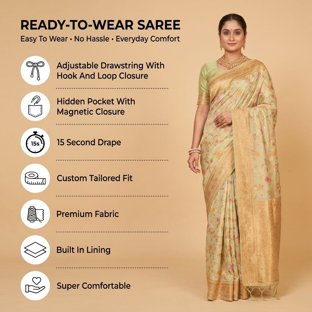Eternal Flora Banarasi Silk (Pastel Green) Ready To Wear Pocket Saree
