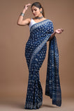 Indigo Touch Mul Cotton Hand Block Printed Saree