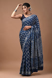 Indigo Moon Mul Cotton Hand Block Printed Saree