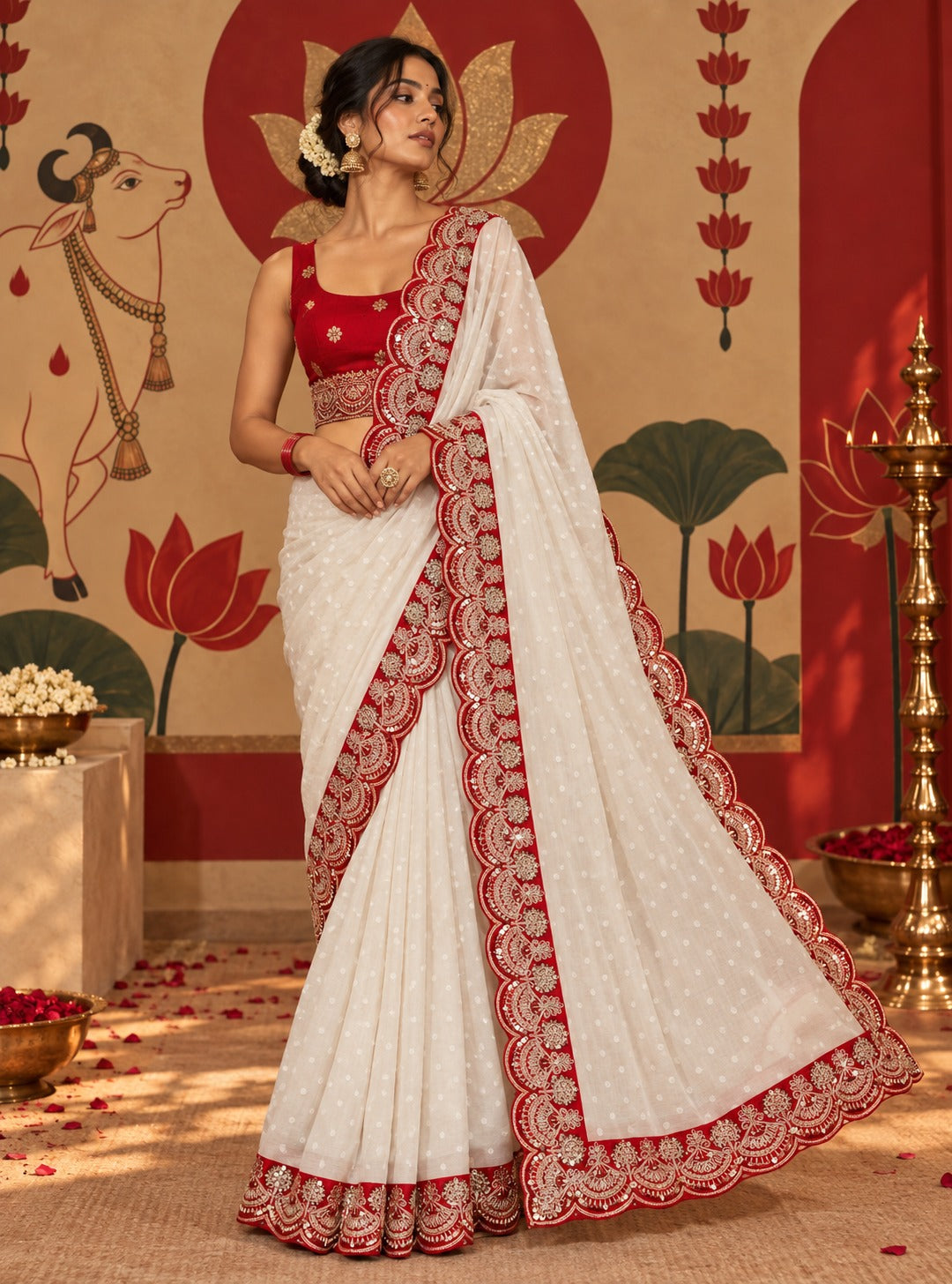 Full-length portrait of a model wearing an ivory georgette ready-to-wear pocket saree with white polka dots, showcasing pre-stitched pleats and a rich red embroidered scalloped border.