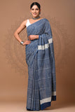 Indigo Harmony Mul Cotton Hand Block Printed Saree