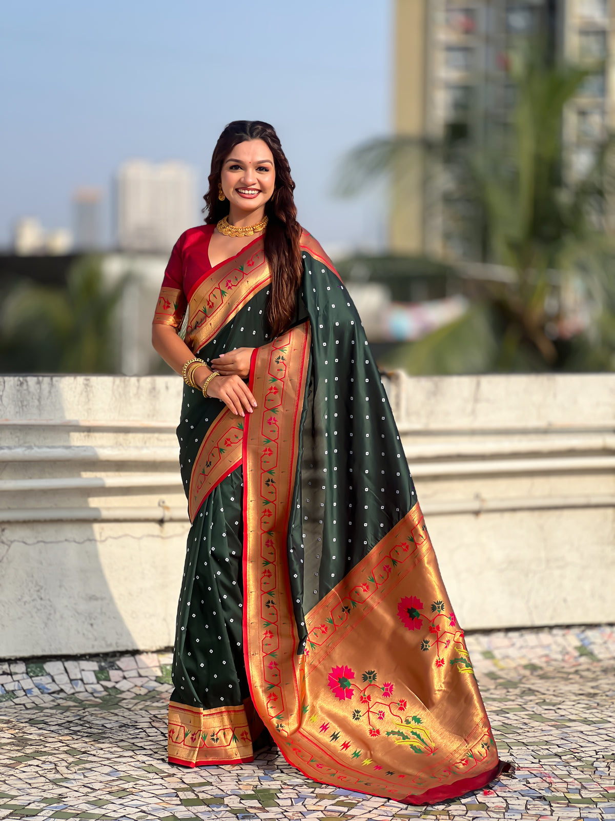 Bandhej Powerloom Paithani Silk Ready To Wear Pocket Saree | Bottle Green