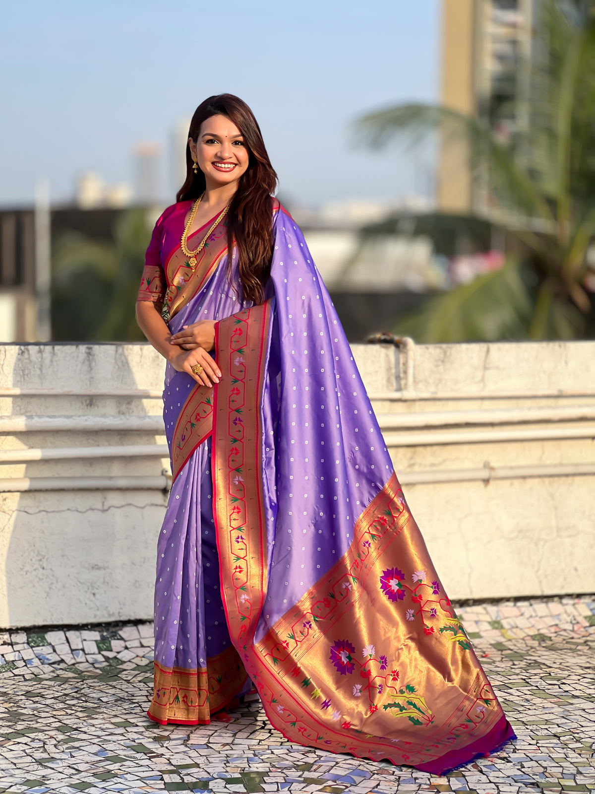 Bandhej Powerloom Paithani Silk Ready To Wear Pocket Saree | Lavender