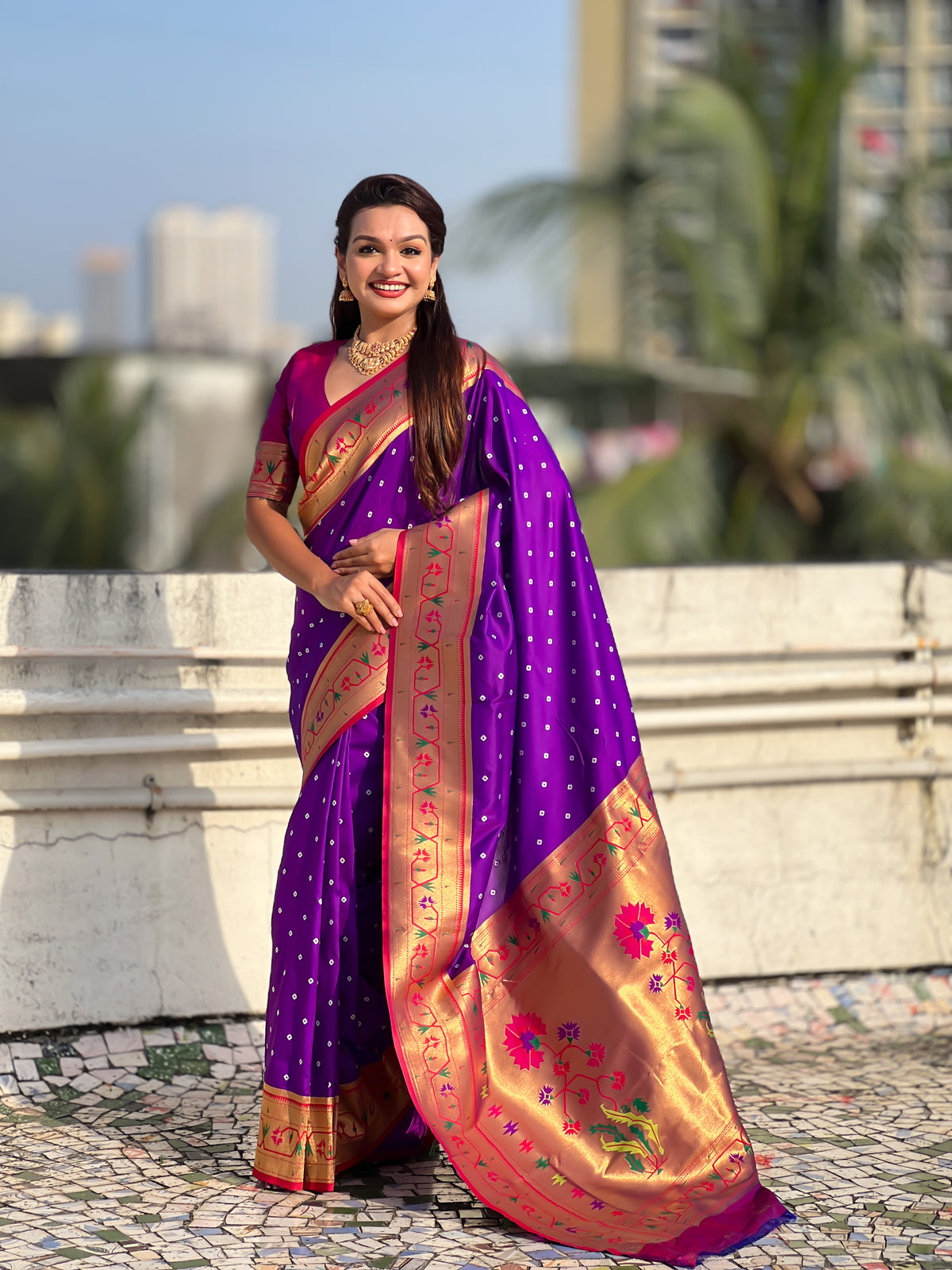 Bandhej Powerloom Paithani Silk Ready To Wear Pocket Saree | Purple