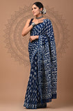 Indigo Nightfall Mul Cotton Hand Block Printed Saree