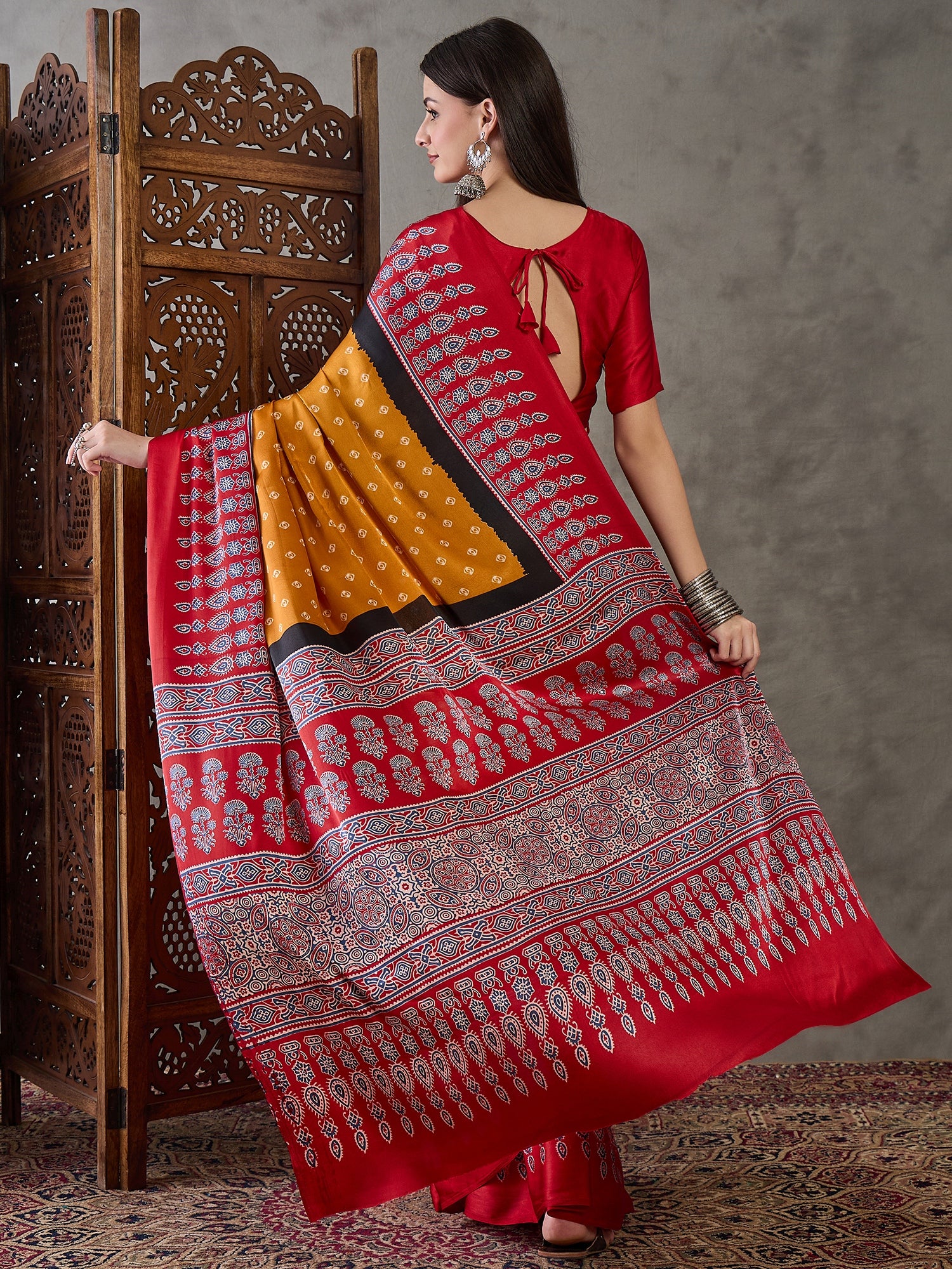 Modal Ajrakh Print (Yellow) Ready To Wear Pocket Saree