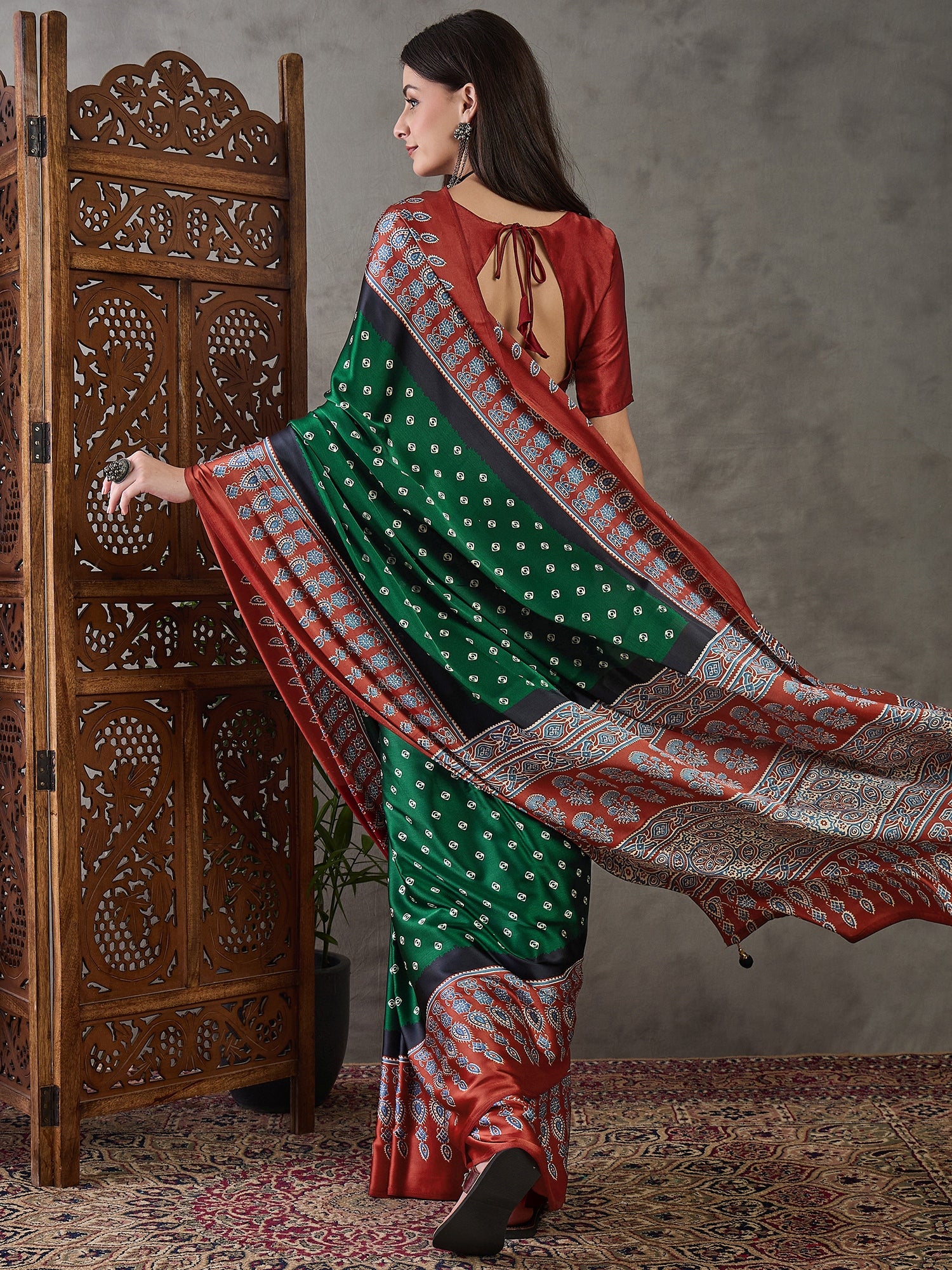 Modal Ajrakh Print (Green) Ready To Wear Pocket Saree