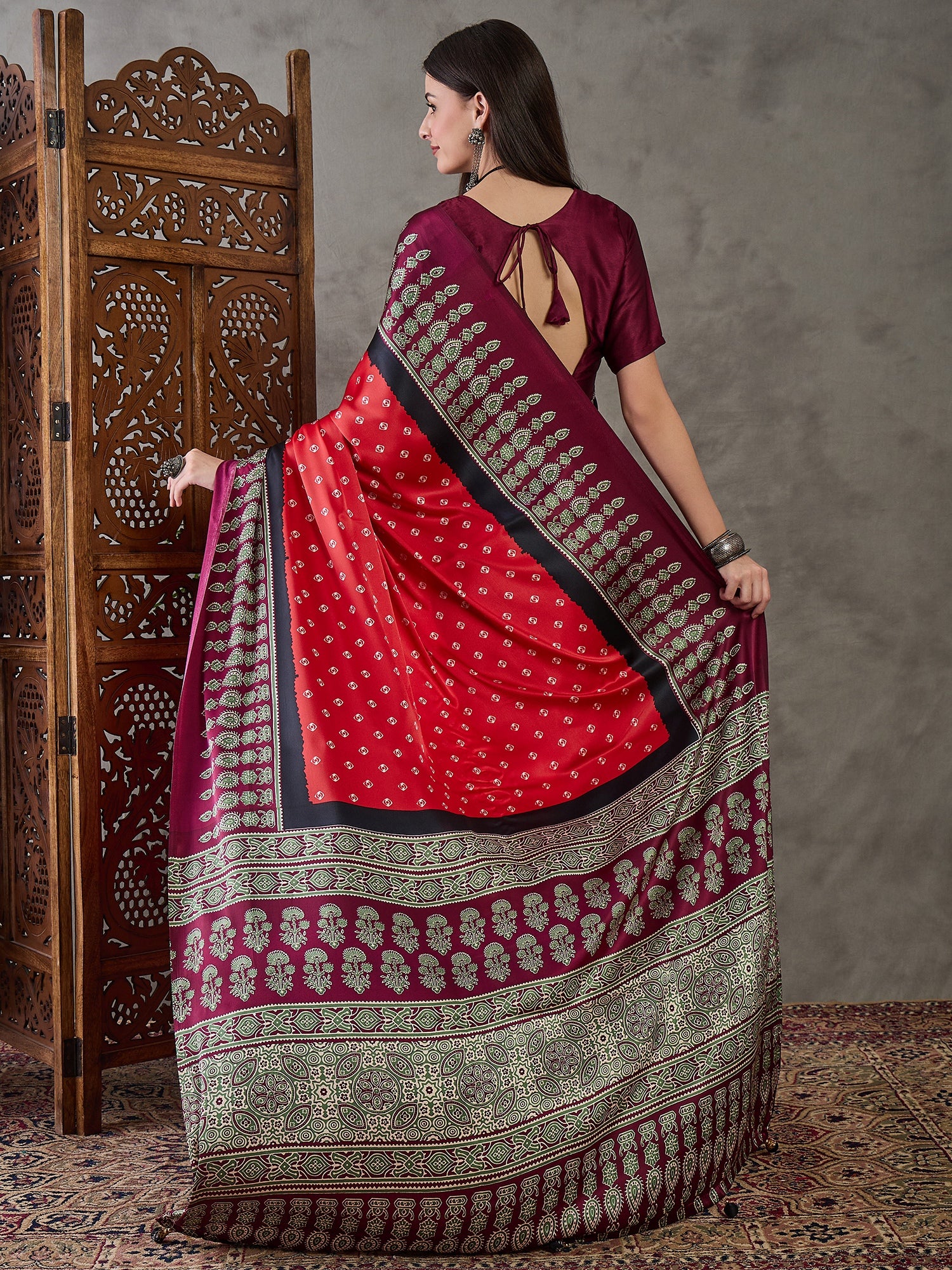 Modal Ajrakh Print (Red) Ready To Wear Pocket Saree