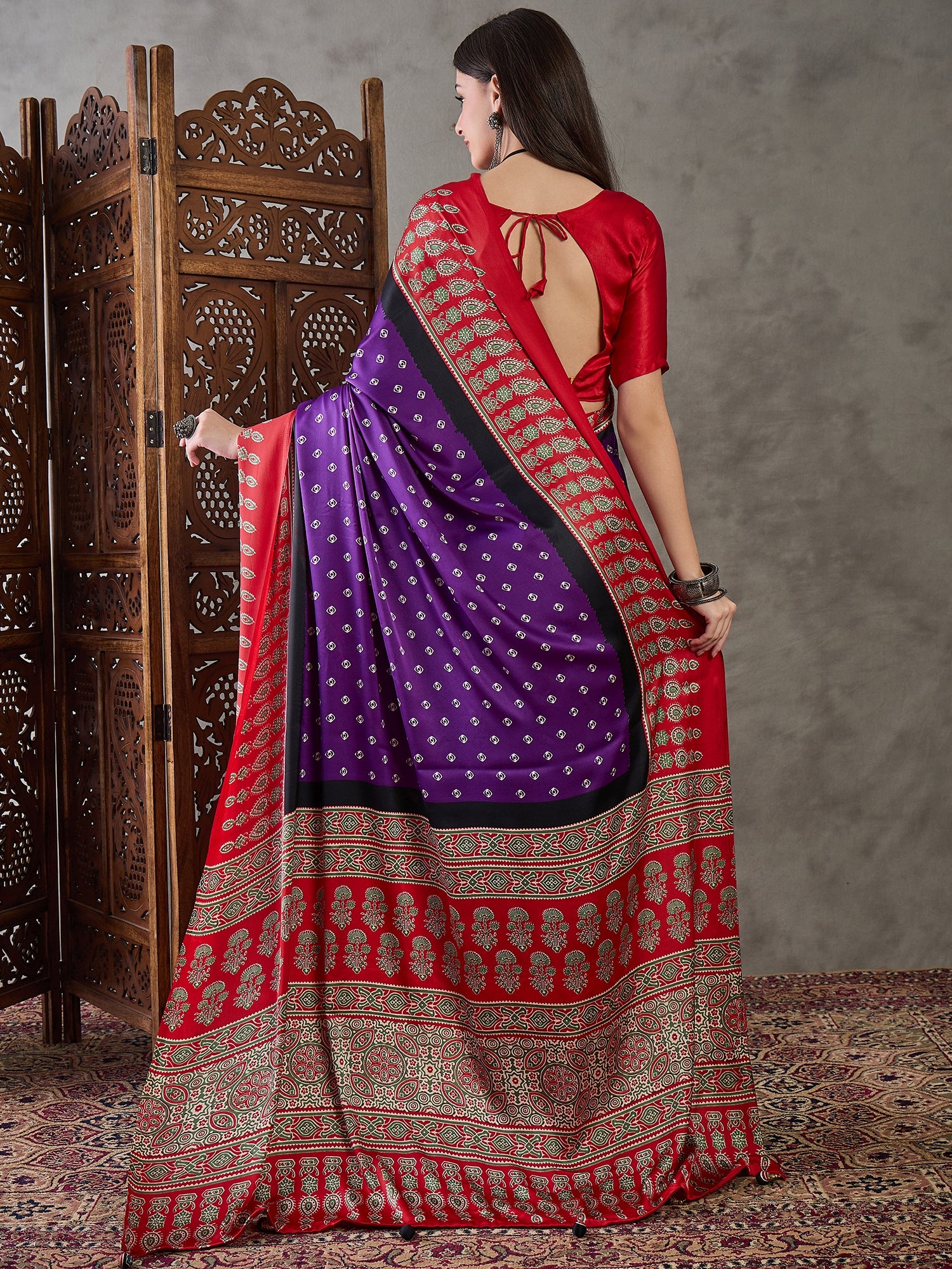 Modal Ajrakh Print (Purple) Ready To Wear Pocket Saree