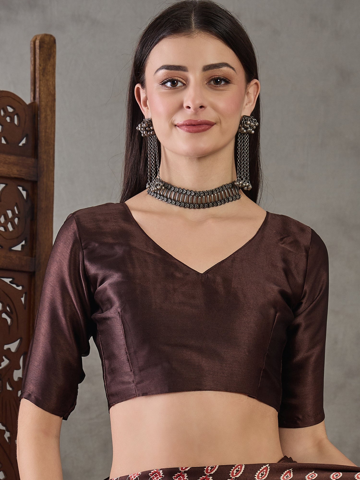 Modal Ajrakh Print (Brown) Ready To Wear Pocket Saree