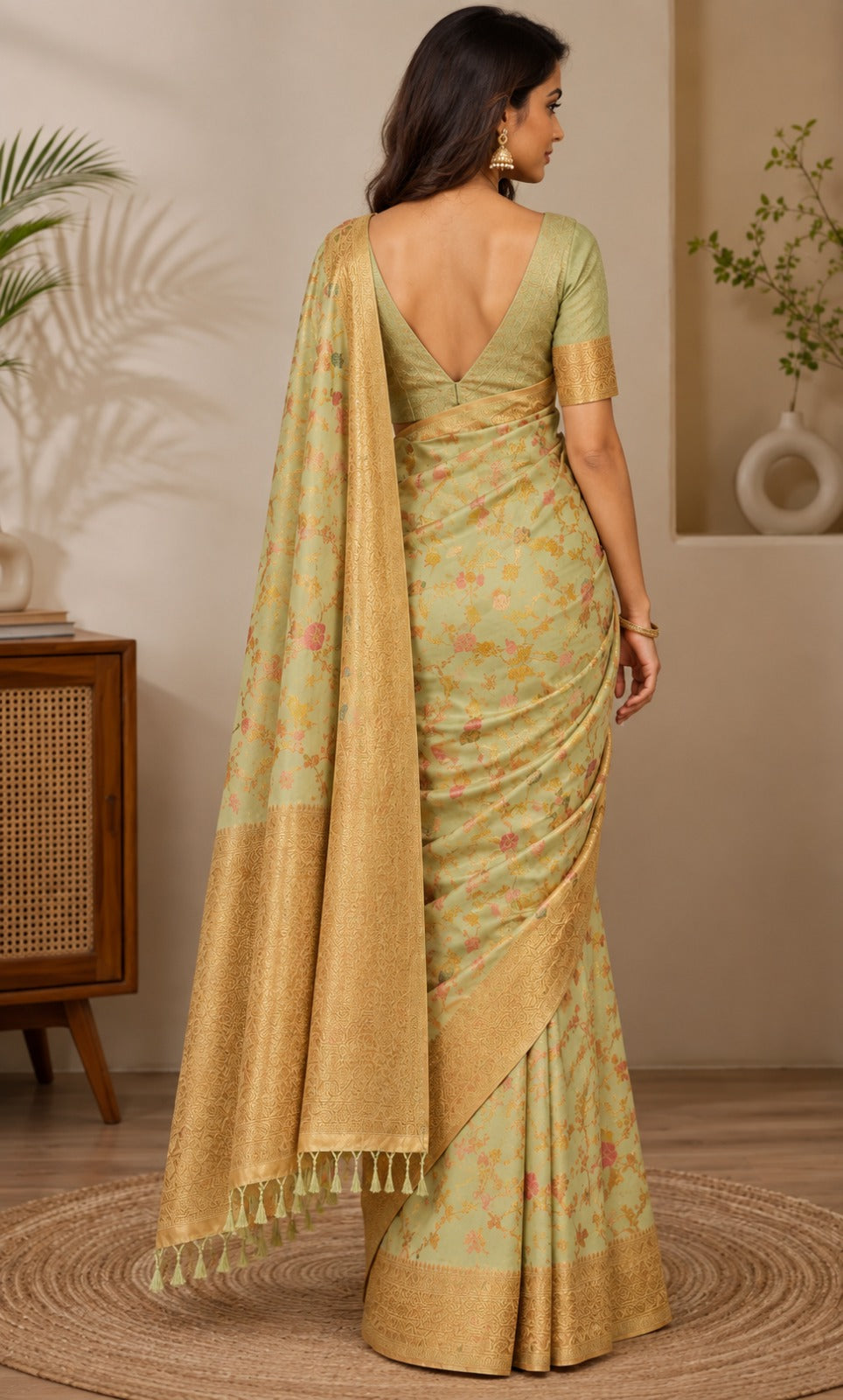 Back shot of the pastel green Eternal Flora Banarasi Silk Ready To Wear Pocket Saree