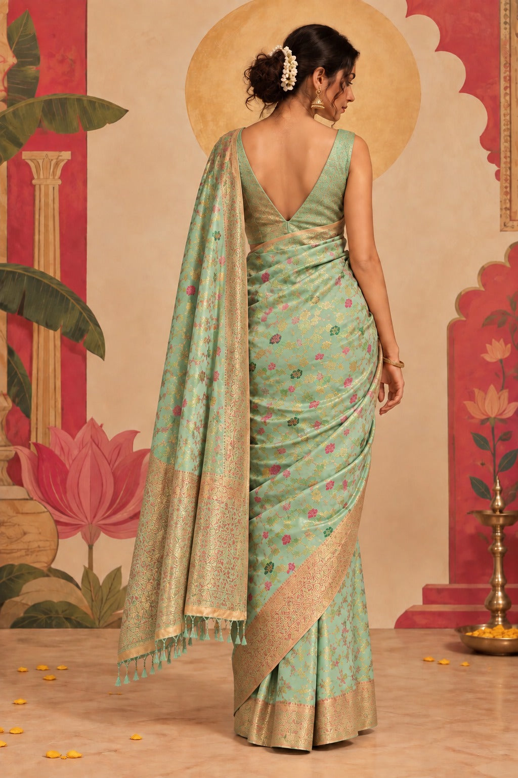 Back shot of the mint green Eternal Flora Banarasi Silk Ready To Wear Pocket Saree
