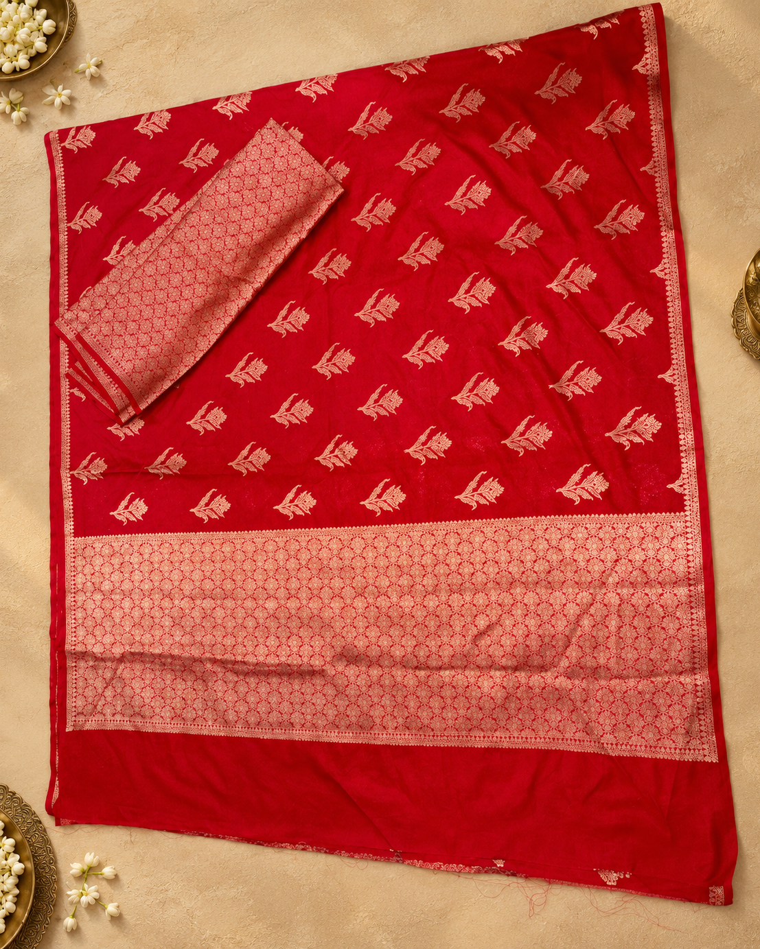 Red Banarasi Katan Silk ready to wear pocket saree featuring evenly spaced leafy motifs, a narrow patterned edge and a broad floral lattice pallu with a plain red end panel.