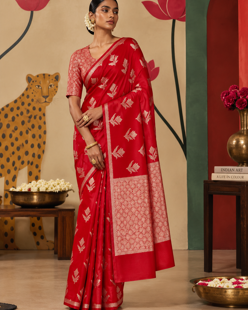 Front shot showing the leafy motifs, a narrow patterned edge and a broad floral lattice pallu of the Red Banarasi Katan Silk ready to wear pocket saree.