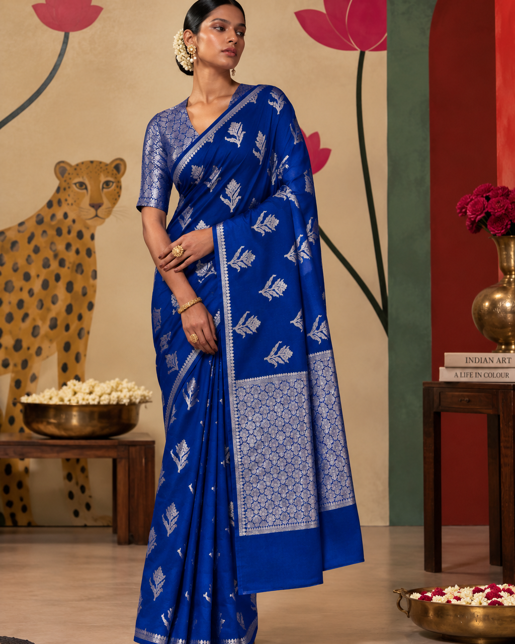Royal-blue Banarasi Katan Silk saree with scattered leafy motifs, a slim patterned border and a broad pallu featuring an intricate floral lattice design with a solid blue end panel.