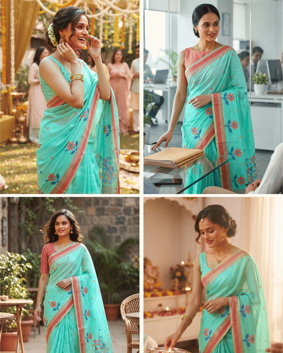 A four-panel collage showing a woman wearing the mint green ready-to-wear saree with pocket in different indoor and outdoor settings.