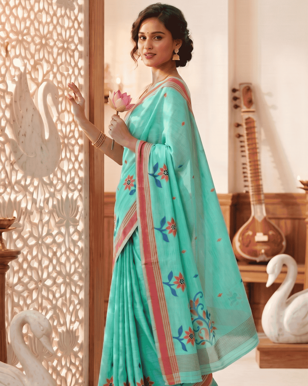 Linen floral weave ready-to-wear pocket saree with mint green body, red border and floral motifs