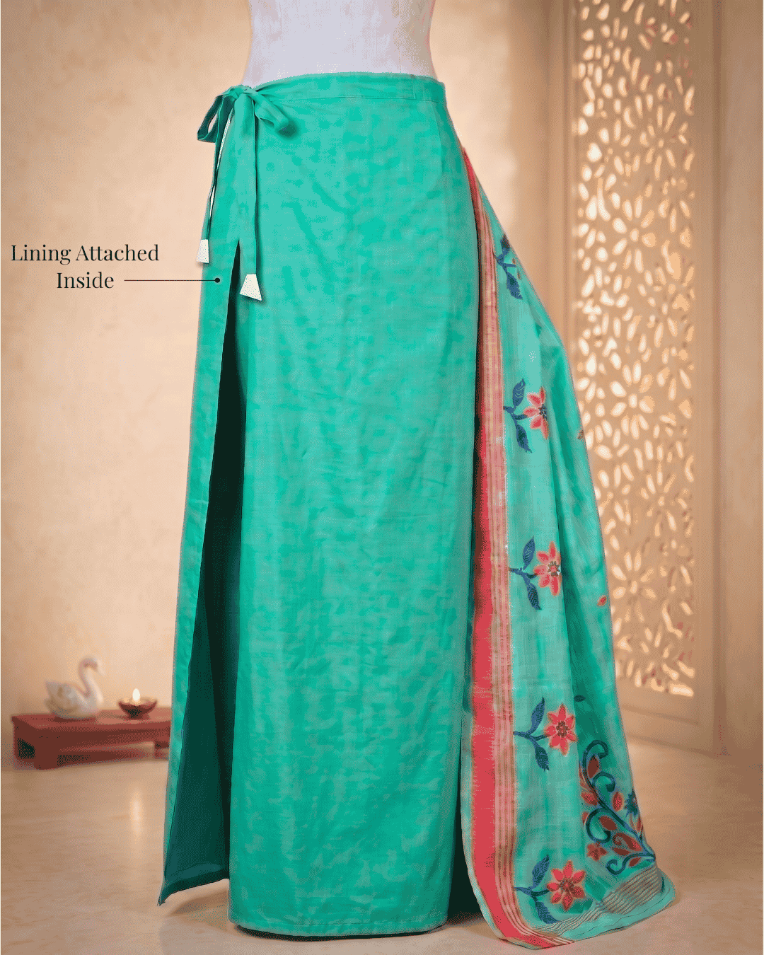 Mint green linen ready to wear pocket saree with a matching lining.