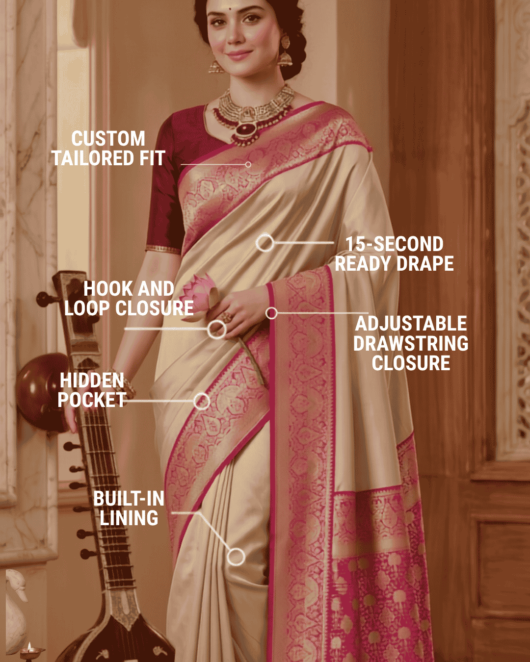 Beige and pink silk pre-draped pocket saree with feature overlays for a custom-tailored fit, hook and loop closure, hidden pocket, built-in lining, adjustable drawstring closure, and 15-second drape.