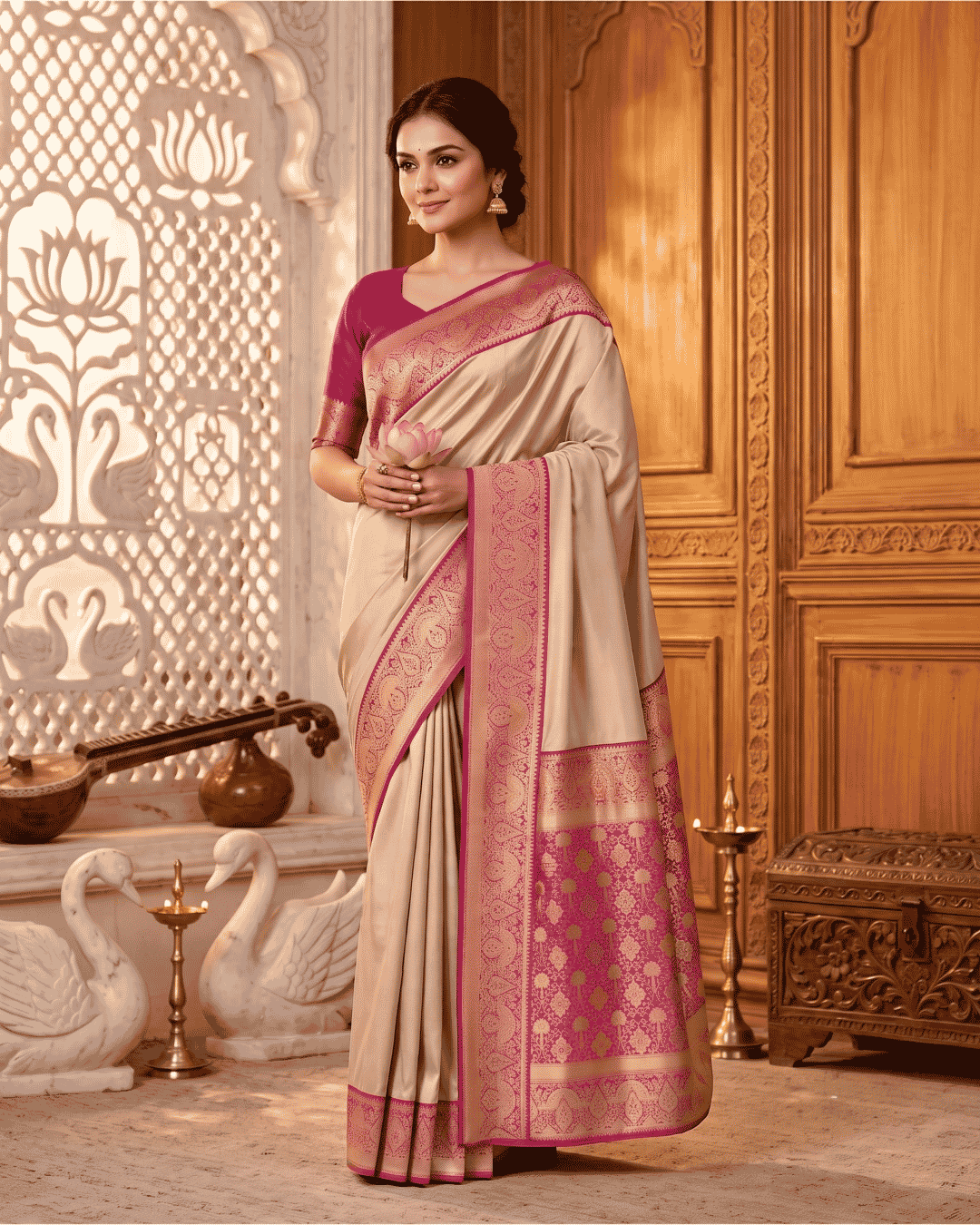 Chandan silk ready to wear saree with a pocket in a beige shade with a pink border and pallu and golden zari details