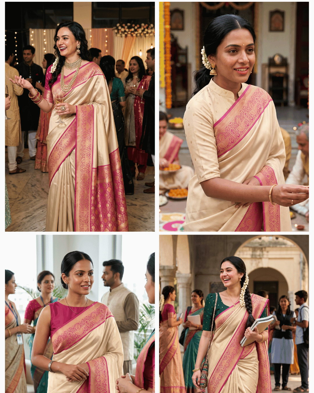 A four-panel collage showing women wearing the soft silk pre-draped pocket saree in beige and pink shades in different settings.