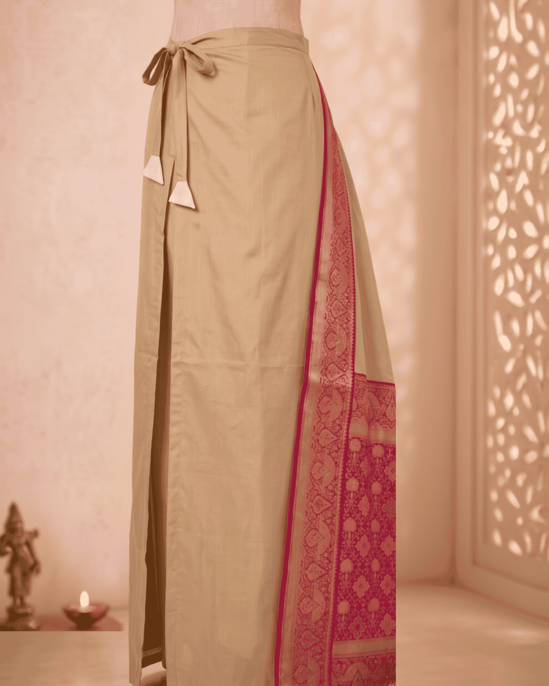 Attached lining of the soft silk ready to wear saree with pocket in a beige and pink shade