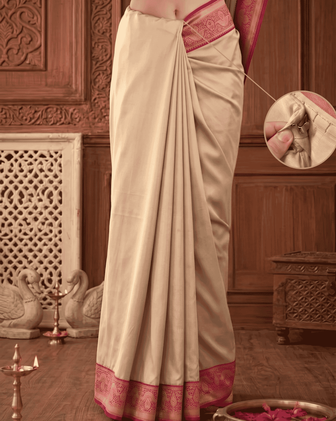 Close-up of the seamless waistband and hook and loop closure of the beige and pink ready to wear pocket saree