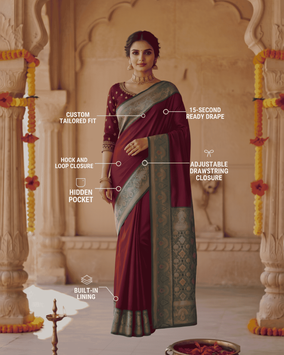 Wine shade silk pre-draped pocket saree with text callouts highlighting product features like custom tailored fit, 15-second ready drape, hook and loop closure, hidden pocket, adjustable drawstring closure, and built-in lining.