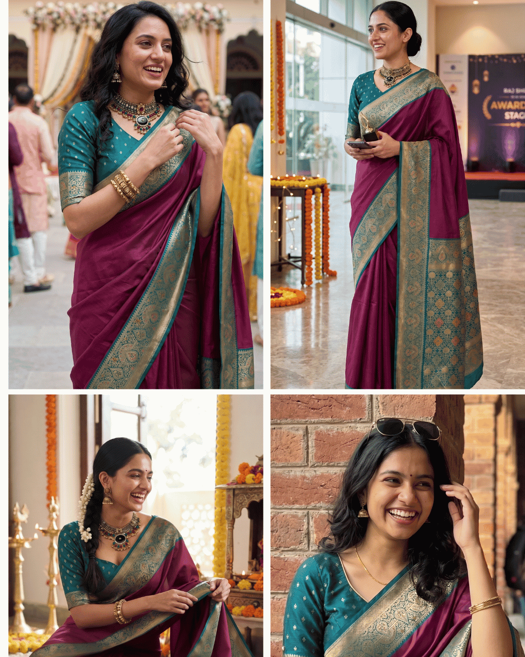A four-panel collage showing a woman wearing the soft silk pre-draped pocket saree in a wine shade in various indoor and outdoor settings.