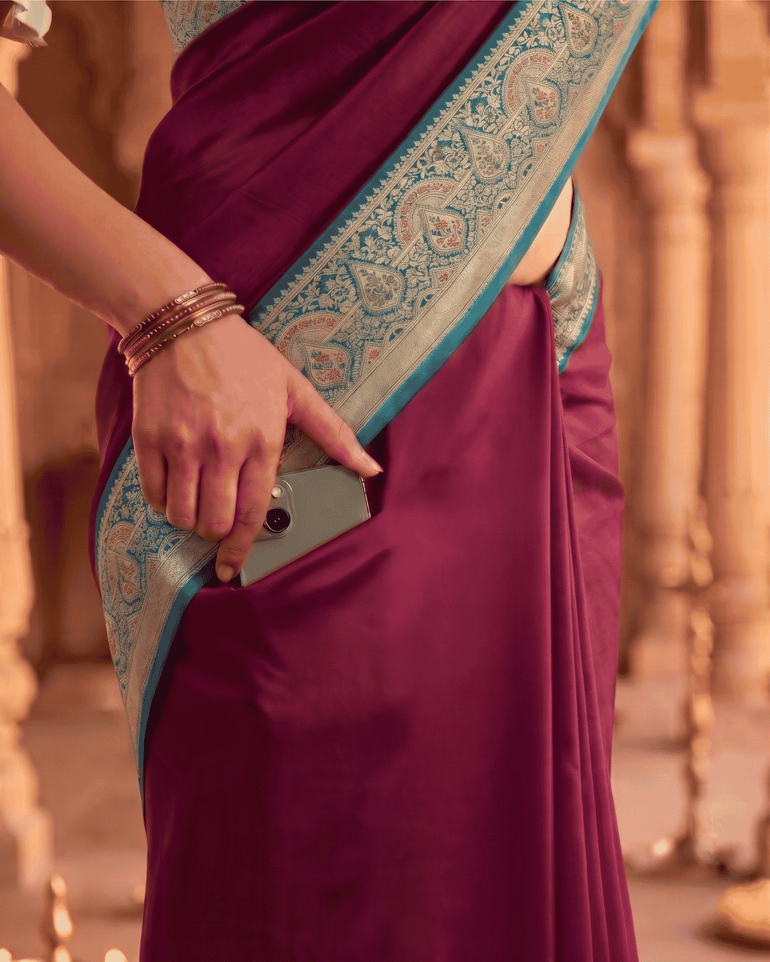 Closeup shot of the pocket in the soft silk ready to wear saree