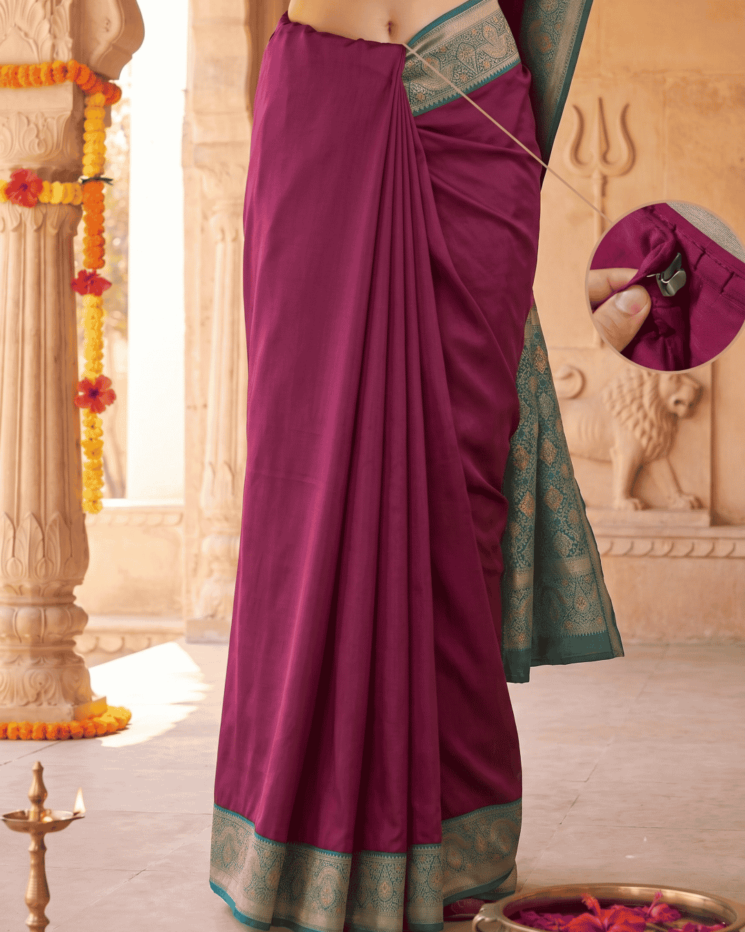 Closeup of the waistband of the soft silk ready to wear saree with pocket showing the hook and loop closure and the seamless waistband look
