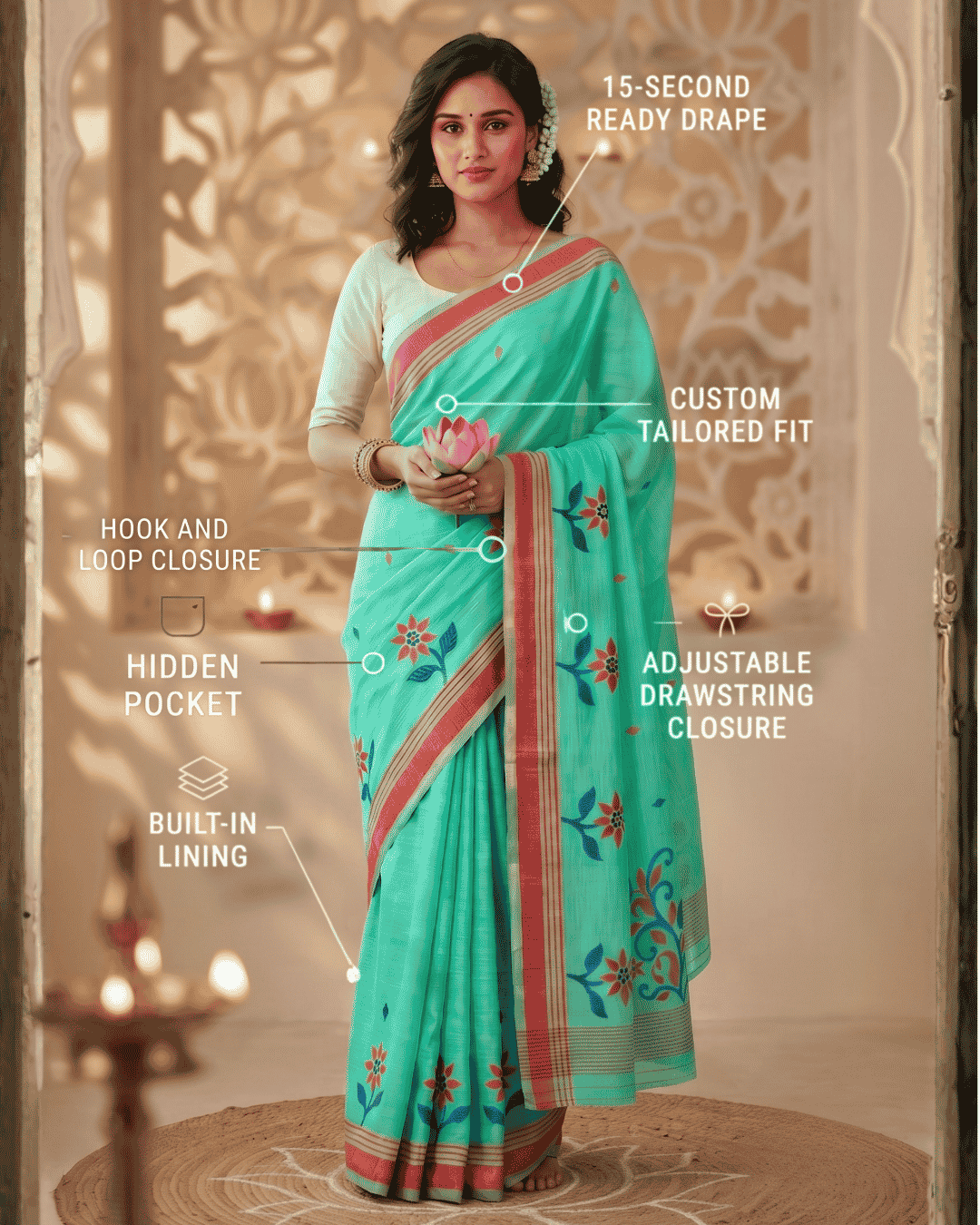 Mint green saree with floral prints and a red border, overlaid with feature callout labels such as '15-SECOND READY DRAPE,' 'CUSTOM TAILORED FIT,' 'HOOK AND LOOP CLOSURE,' 'HIDDEN POCKET,' 'BUILT-IN LINING,' and 'ADJUSTABLE DRAWSTRING CLOSURE.'