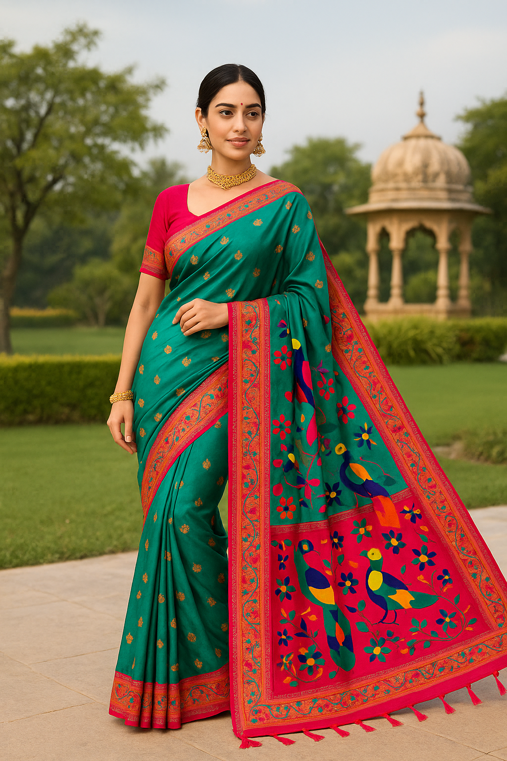 Morvaani Powerloom Paithani Silk Ready To Wear Pocket saree