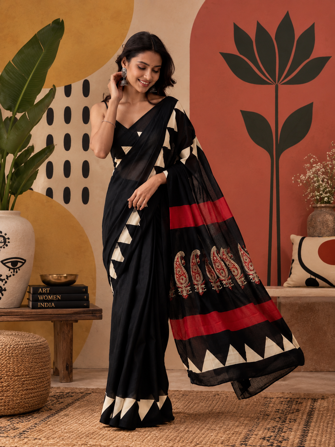 Full-length shot of a model wearing Adaa black Mul Cotton ready-to-wear pocket saree, featuring cream triangular geometric borders, red pallu bands, and intricate paisley motifs.