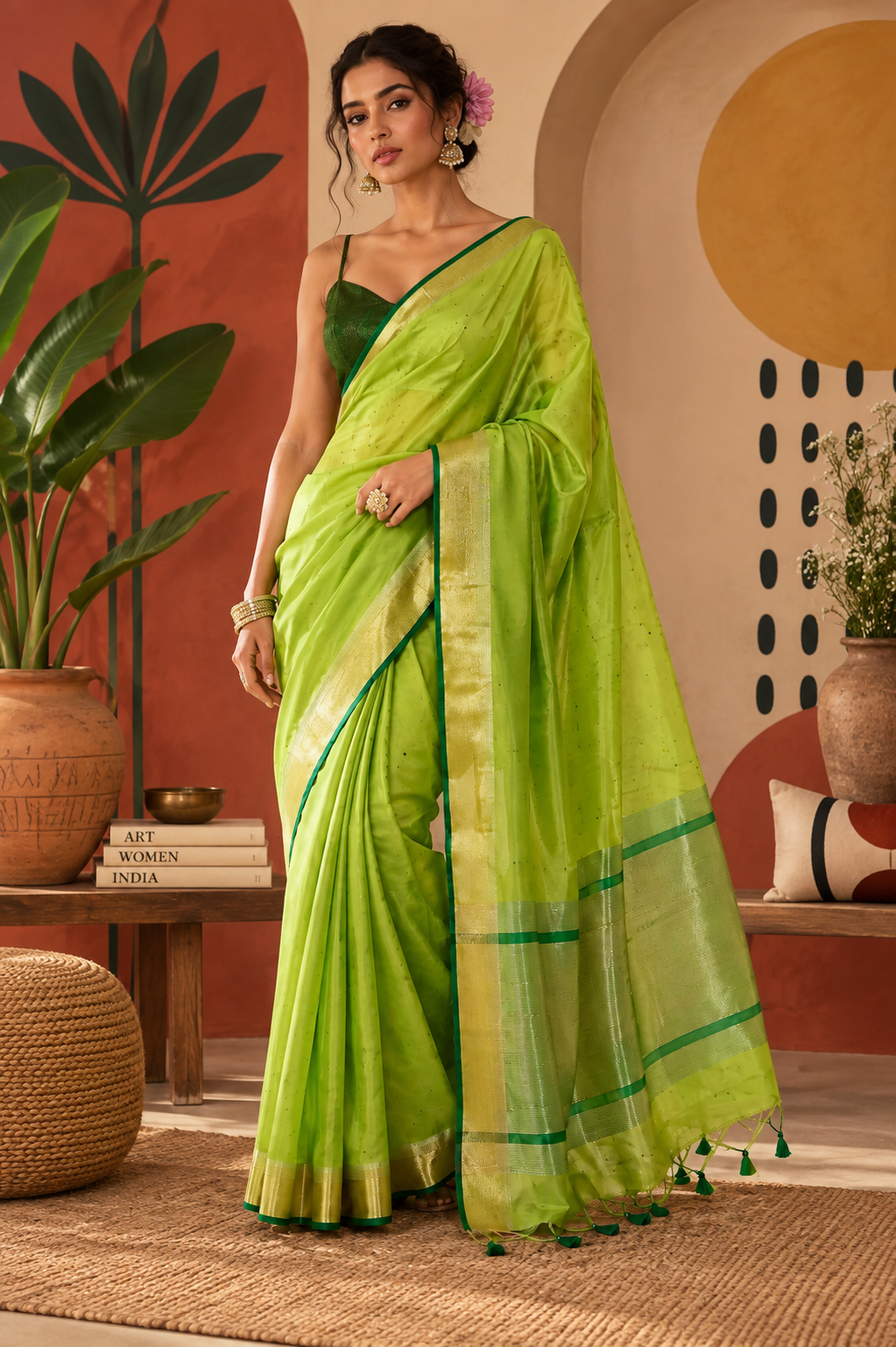 Full-length portrait of a model wearing the Green Cotton Silk ready-to-wear pocket saree in luminous green, styled with tiny scattered specks, deep green piping edges, a broad golden border, and a rich pallu with green tassels.