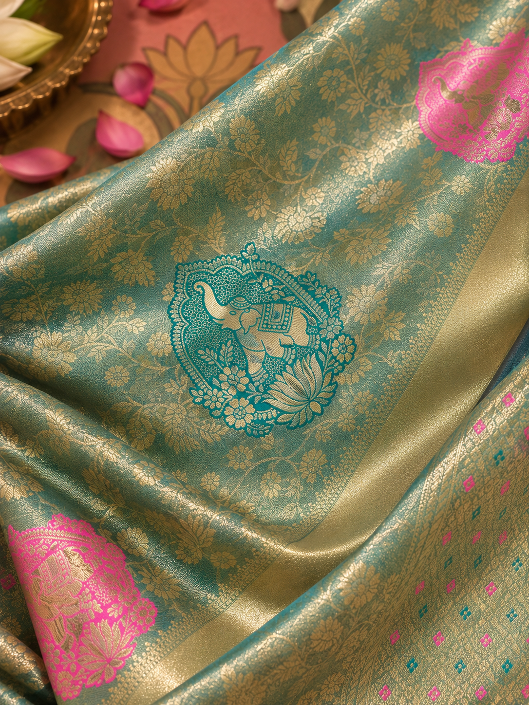 Close-up fabric shot of the Tarangini Paithani Silk ready to wear pocket saree in rich turquoise-teal, highlighting golden floral vine jacquard weaves, a circular teal motif with an intricate elephant design surrounded by lotus flowers, vibrant pink floral accents, and a golden band.