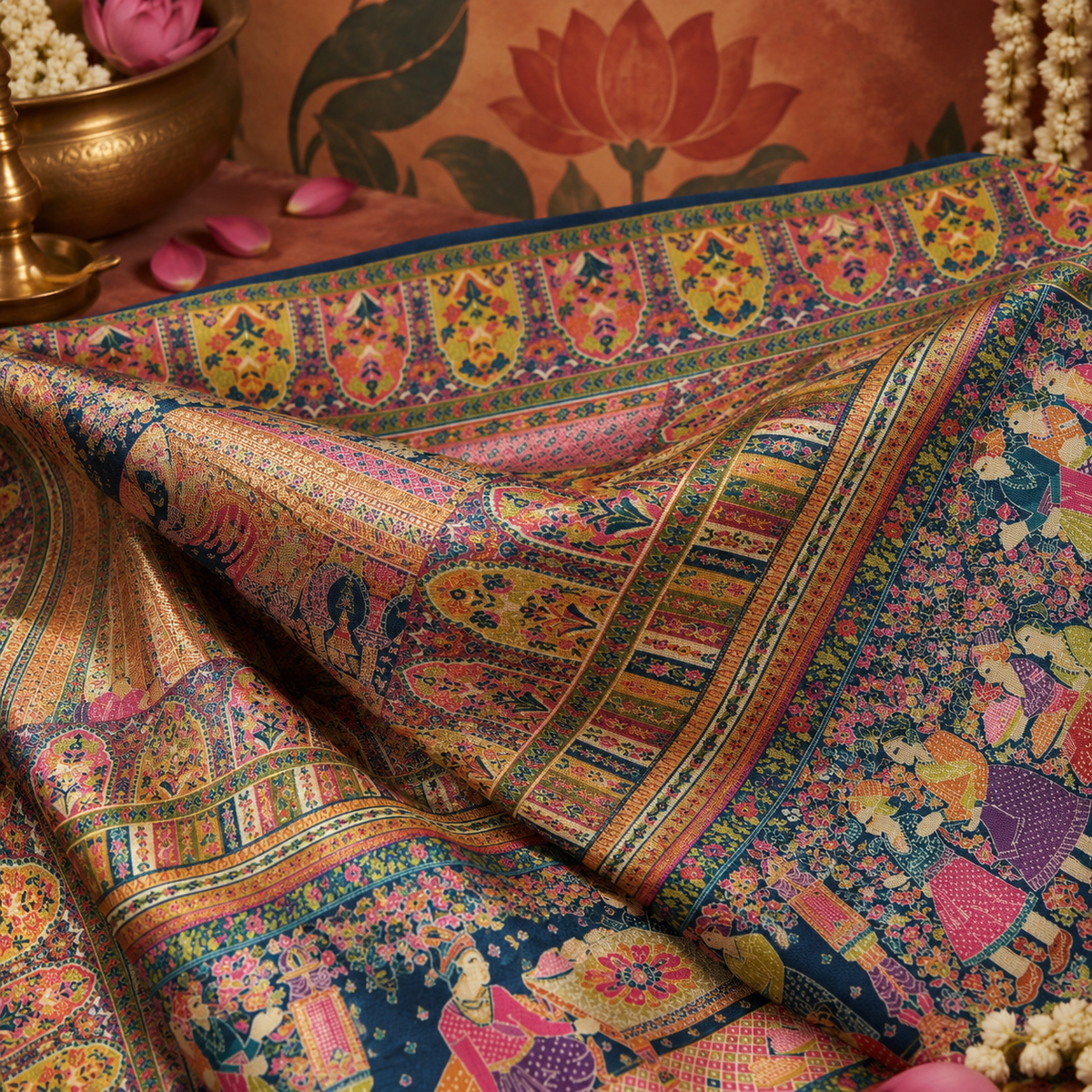 Close-up detail shot of the pre-draped saree in deep navy blue, highlighting intricate rajwada paithani silk-cotton weaves with multicoloured storytelling scenes, repeated arched panels, and fine bands in mustard, pink, teal, and coral.