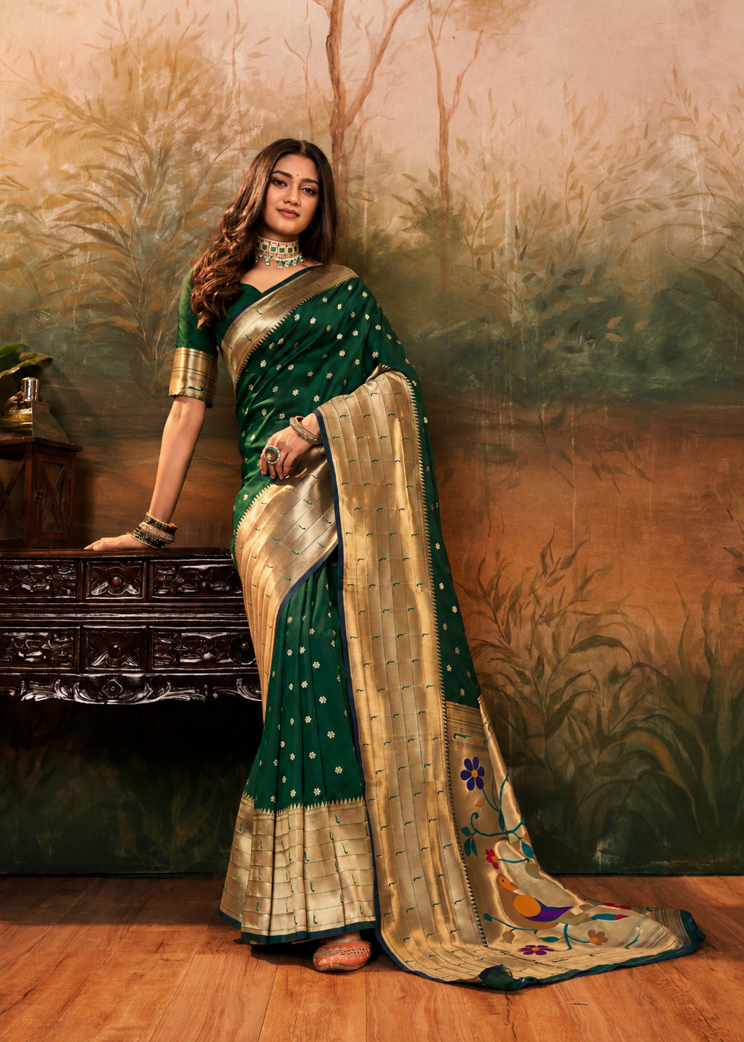 Lavanya Powerloom Paithani Silk Ready To Wear Pocket Saree | Emerald Green